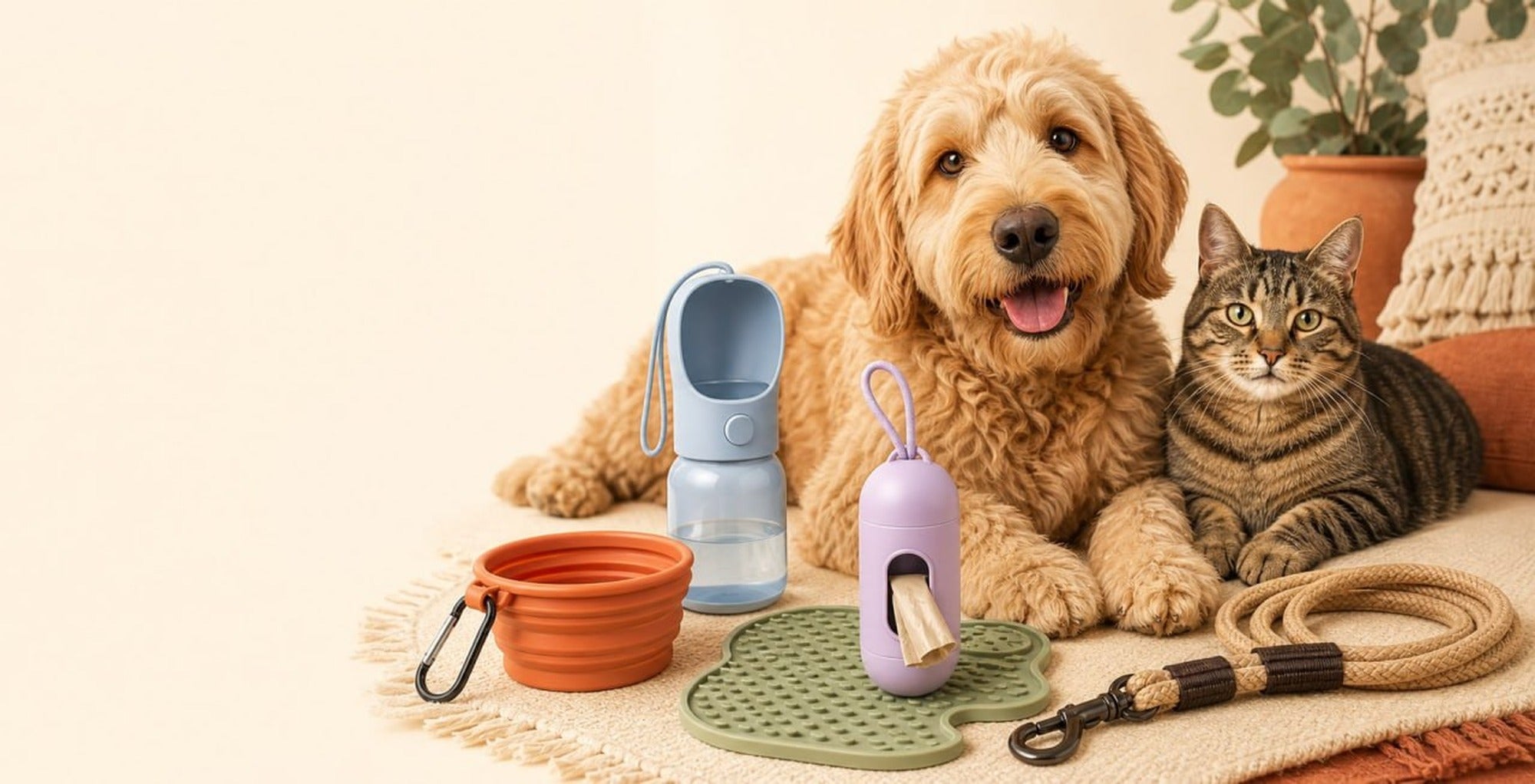 Fuzzico hero image with realistic dog and cat plus colorful pet essentials